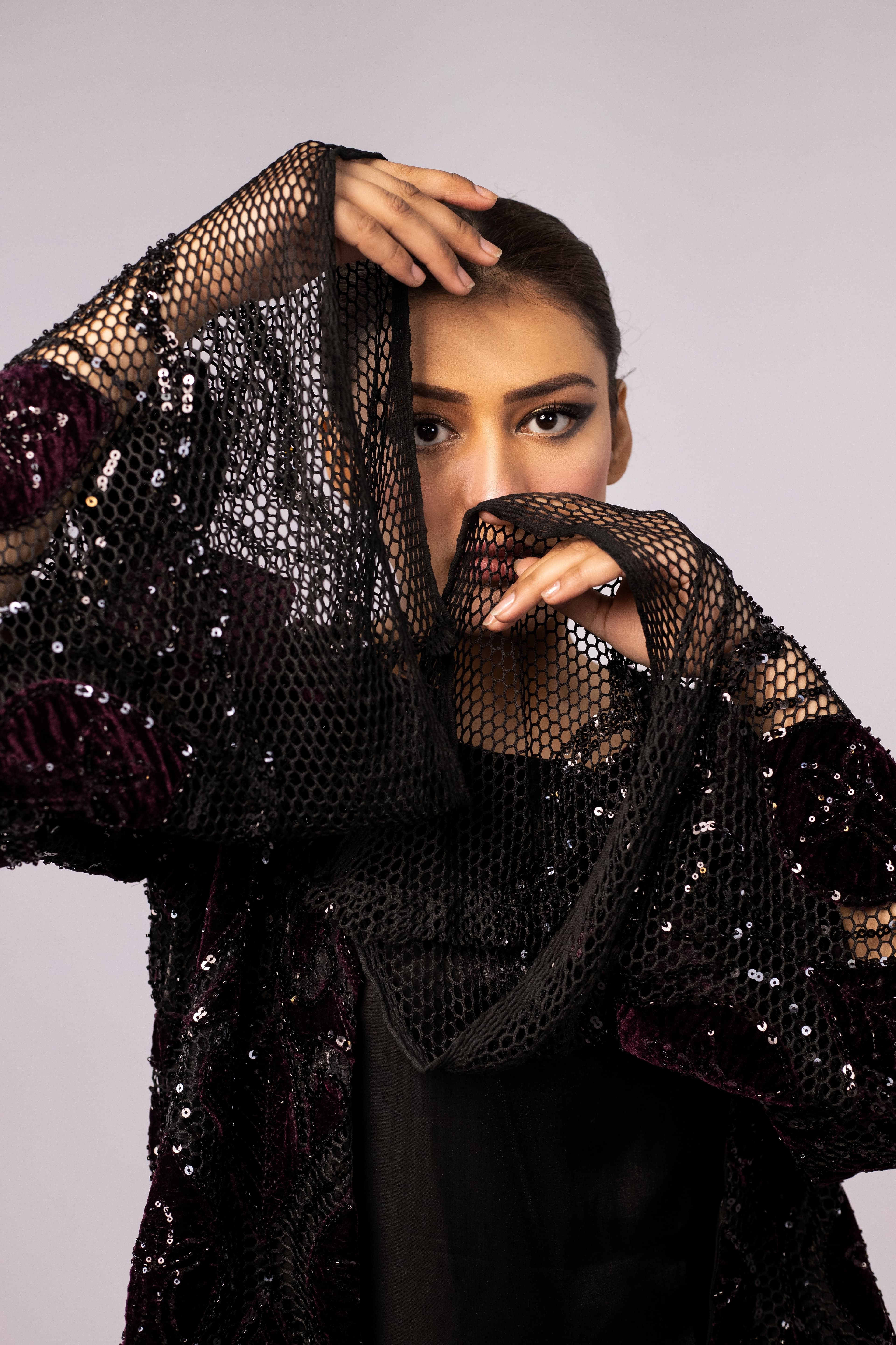 Exquisite Two-Piece Ensemble: Lama Silk Jumpsuit & Hand-Embellished Velvet Overlay